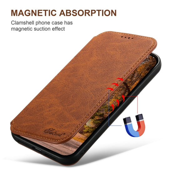 For iPhone 16 Plus Suteni J06 Retro Matte Litchi Texture Leather MagSafe Phone Case(Khaki)