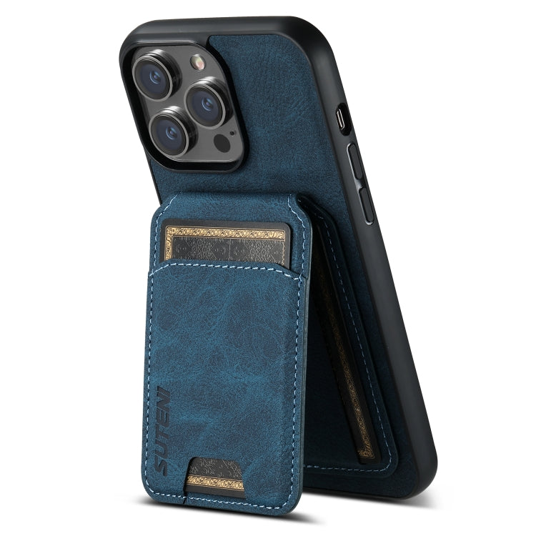 For iPhone 15 Pro Max Suteni H02 Litchi Leather Card Wallet Stand Back Phone Case(Blue)