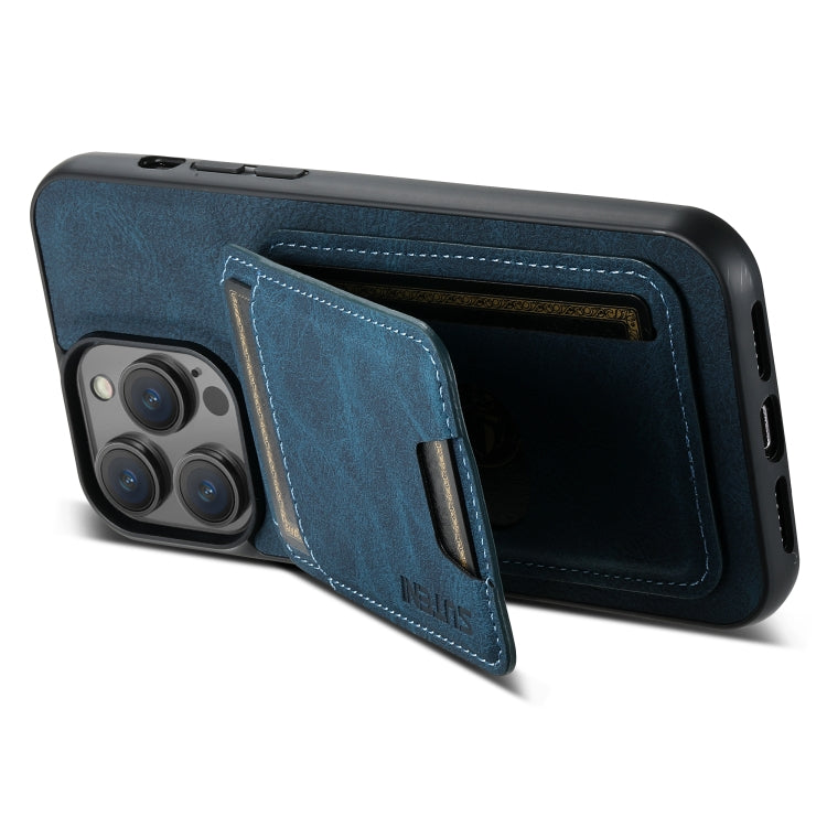 For iPhone 15 Pro Max Suteni H02 Litchi Leather Card Wallet Stand Back Phone Case(Blue)