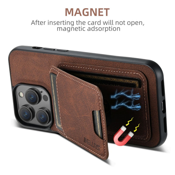 For iPhone 16 Suteni H02 Litchi Leather Card Wallet Stand Back Phone Case(Brown)