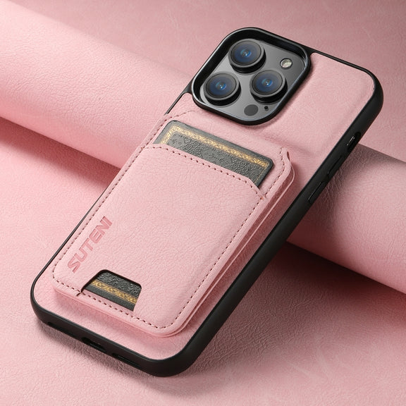 For iPhone 16 Suteni H02 Litchi Leather Card Wallet Stand Back Phone Case(Pink)