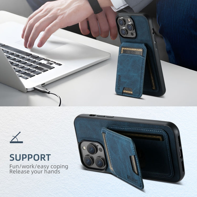 For iPhone 16 Pro Suteni H02 Litchi Leather Card Wallet Stand Back Phone Case(Blue)