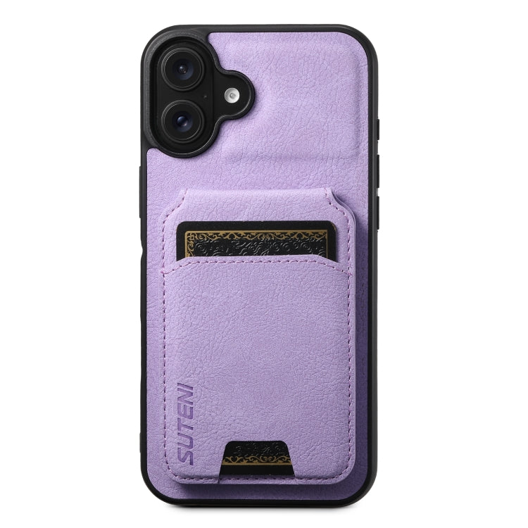 For iPhone 16 Plus Suteni H02 Litchi Leather Card Wallet Stand Back Phone Case(Purple)