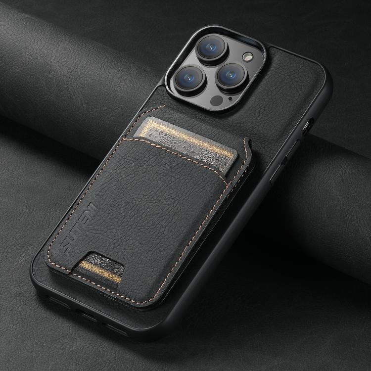 For iPhone 16e Suteni H02 Litchi Leather Card Wallet Stand Back Phone Case(Black)