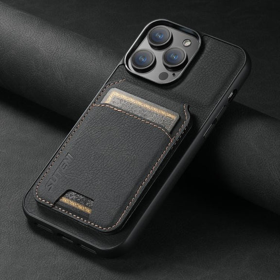 For iPhone 16e Suteni H02 Litchi Leather Card Wallet Stand Back Phone Case(Black)