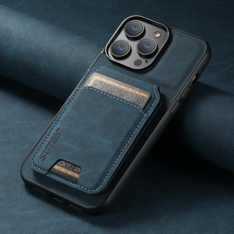For iPhone 16e Suteni H02 Litchi Leather Card Wallet Stand Back Phone Case(Blue)