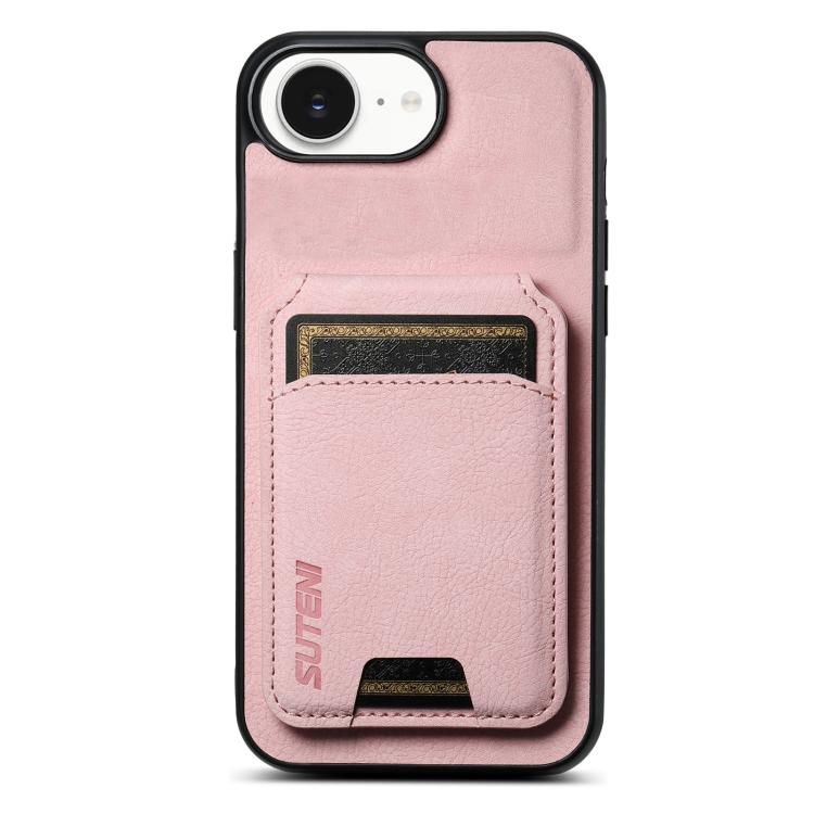 For iPhone 16e Suteni H02 Litchi Leather Card Wallet Stand Back Phone Case(Pink)