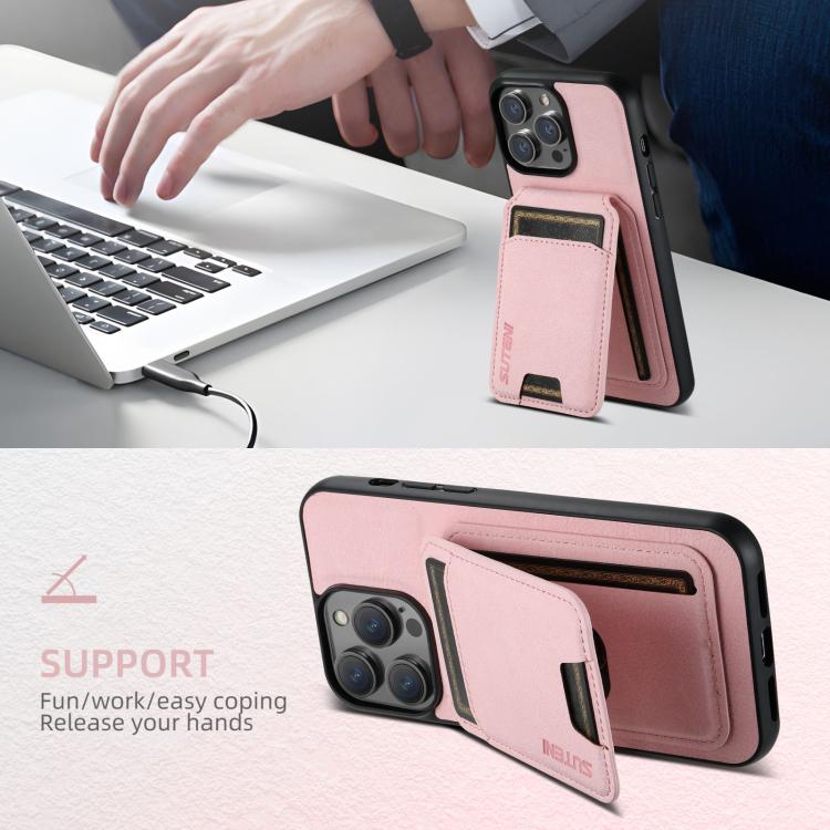 For iPhone 16e Suteni H02 Litchi Leather Card Wallet Stand Back Phone Case(Pink)