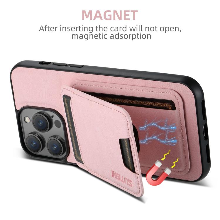 For iPhone 16e Suteni H02 Litchi Leather Card Wallet Stand Back Phone Case(Pink)