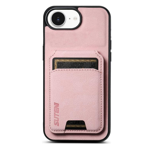 For iPhone 16e Suteni H02 Litchi Leather Card Wallet Stand Back Phone Case(Pink)
