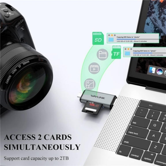 WAVLINK WL-CR3002 Multi-Function Mini Aluminum Alloy Shell Type-C+USB3.0 SD/TF Card Reader