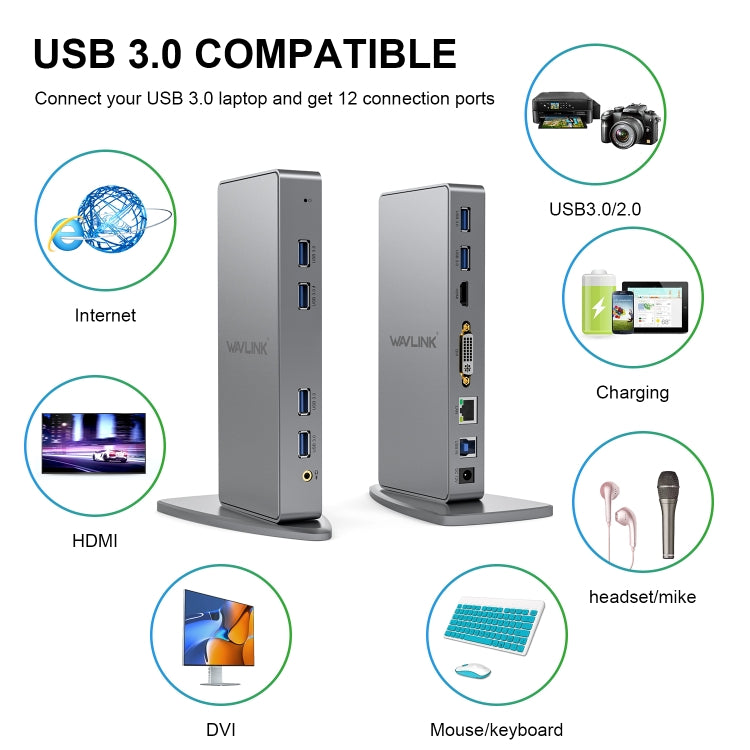 WAVLINK WL-UG39DK7 USB3.0 Hub Adapter Multi-Screen Graphics Card Universal Docking Station, Plug:EU Plug
