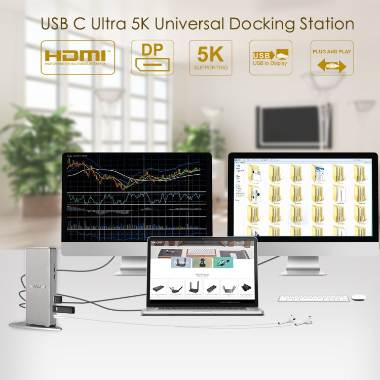 WAVLINK WL-UG69DK7 Laptops Type-C Universal Desktop Docking Station Aluminum Alloy HUB Adapter(US Plug)