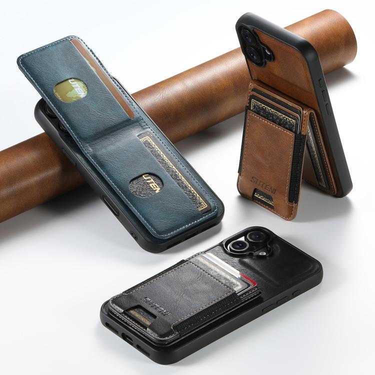 For iPhone 16 Plus Suteni H03 Oil Wax Leather Wallet Stand Back Phone Case(Black)