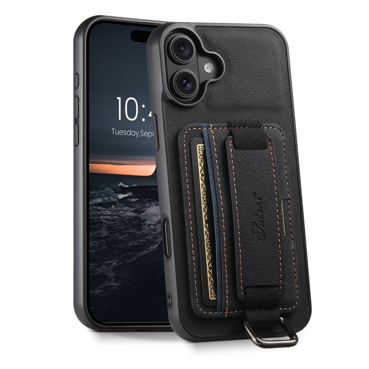 For iPhone 16 Plus Suteni H13 Litchi Leather Wrist Strap Wallet Back Phone Case(Black)