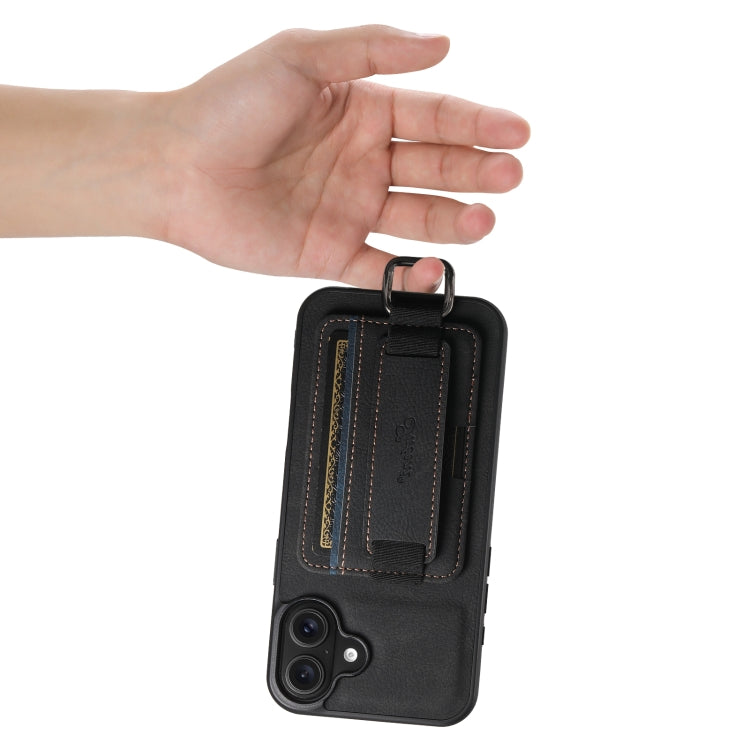 For iPhone 16 Plus Suteni H13 Litchi Leather Wrist Strap Wallet Back Phone Case(Black)
