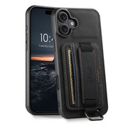 For iPhone 16 Plus Suteni H13 Litchi Leather Wrist Strap Wallet Back Phone Case(Black)
