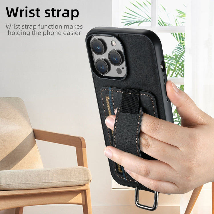 For iPhone 16 Plus Suteni H13 Litchi Leather Wrist Strap Wallet Back Phone Case(Black)