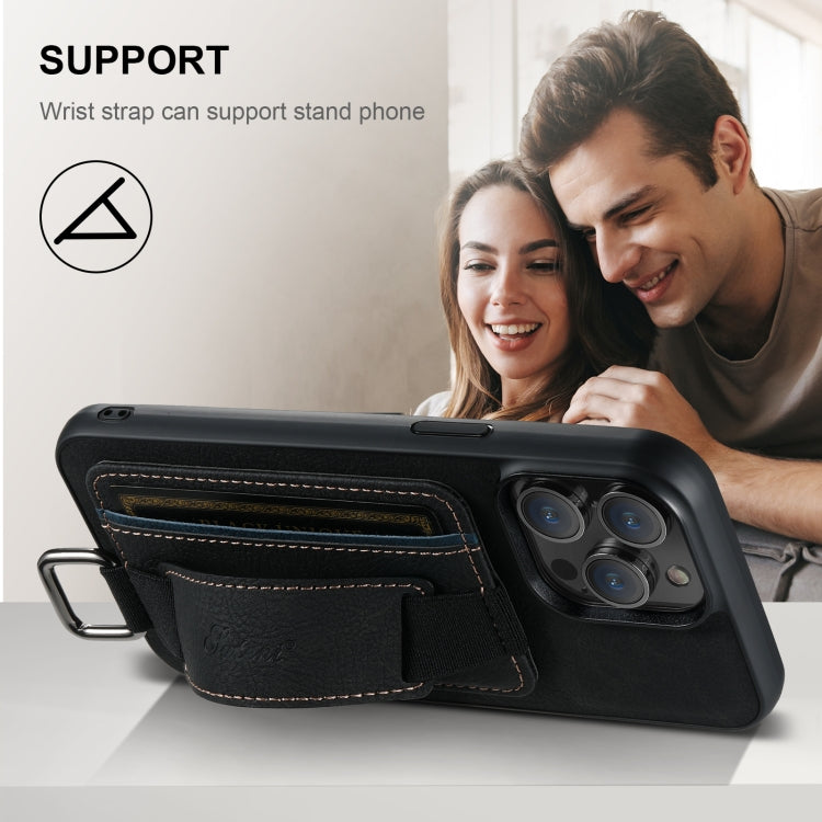 For iPhone 16 Plus Suteni H13 Litchi Leather Wrist Strap Wallet Back Phone Case(Black)