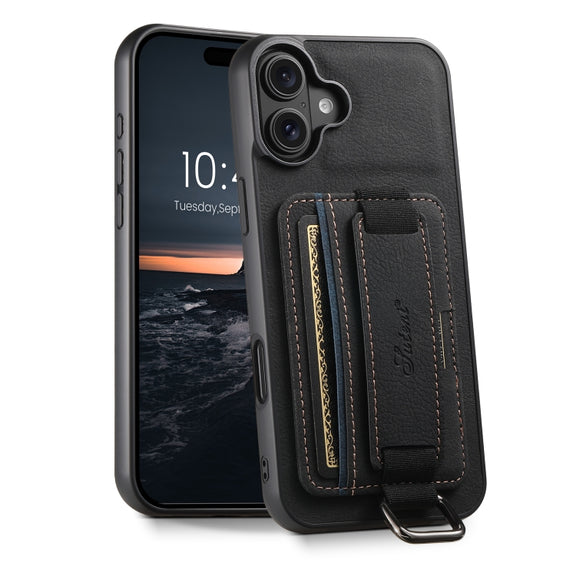 For iPhone 16 Plus Suteni H13 Litchi Leather Wrist Strap Wallet Back Phone Case(Black)