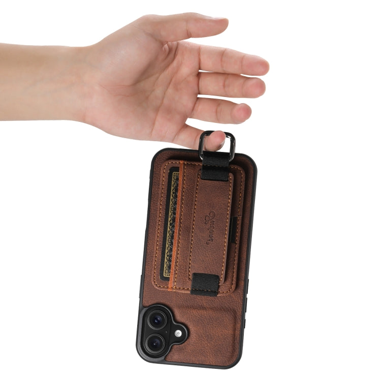 For iPhone 16 Plus Suteni H13 Litchi Leather Wrist Strap Wallet Back Phone Case(Brown)