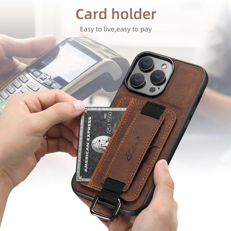 For iPhone 16 Plus Suteni H13 Litchi Leather Wrist Strap Wallet Back Phone Case(Brown)