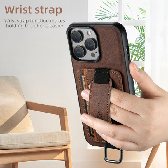 For iPhone 16 Plus Suteni H13 Litchi Leather Wrist Strap Wallet Back Phone Case(Brown)