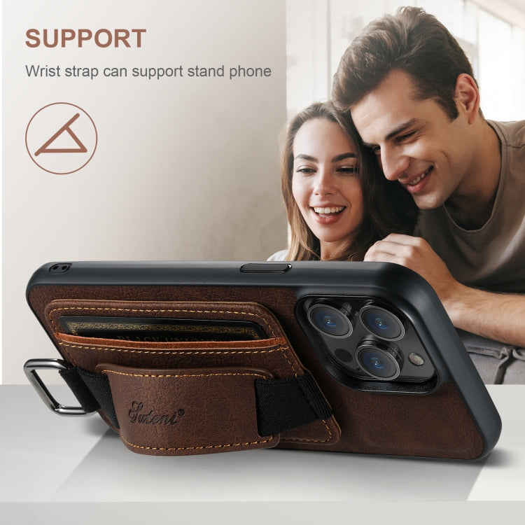 For iPhone 16 Plus Suteni H13 Litchi Leather Wrist Strap Wallet Back Phone Case(Brown)