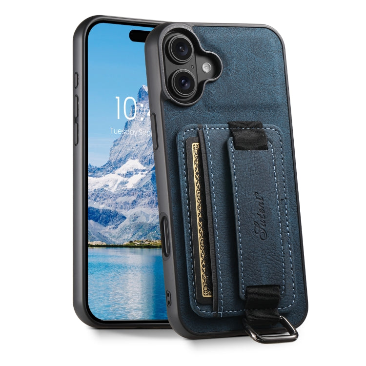 For iPhone 16 Plus Suteni H13 Litchi Leather Wrist Strap Wallet Back Phone Case(Blue)