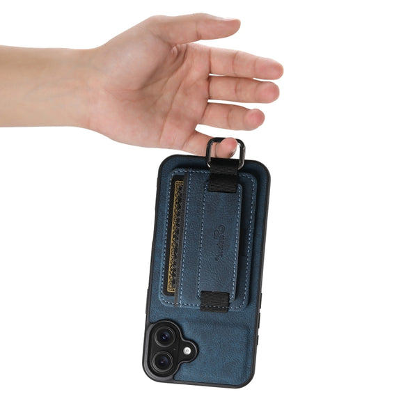 For iPhone 16 Plus Suteni H13 Litchi Leather Wrist Strap Wallet Back Phone Case(Blue)