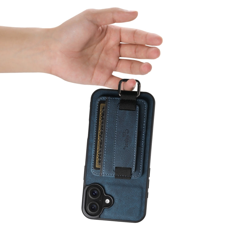 For iPhone 16 Plus Suteni H13 Litchi Leather Wrist Strap Wallet Back Phone Case(Blue)