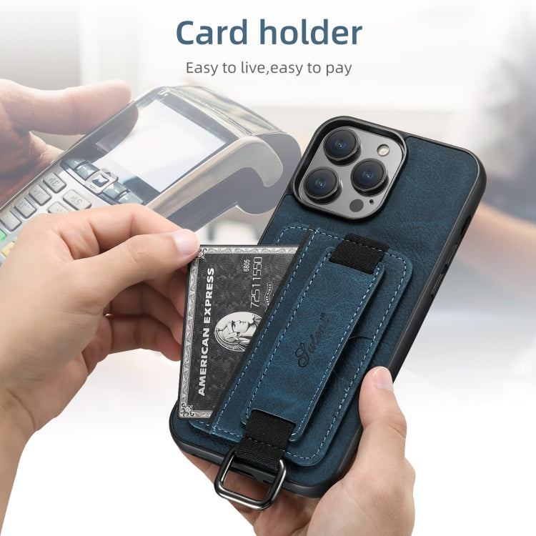 For iPhone 16 Plus Suteni H13 Litchi Leather Wrist Strap Wallet Back Phone Case(Blue)
