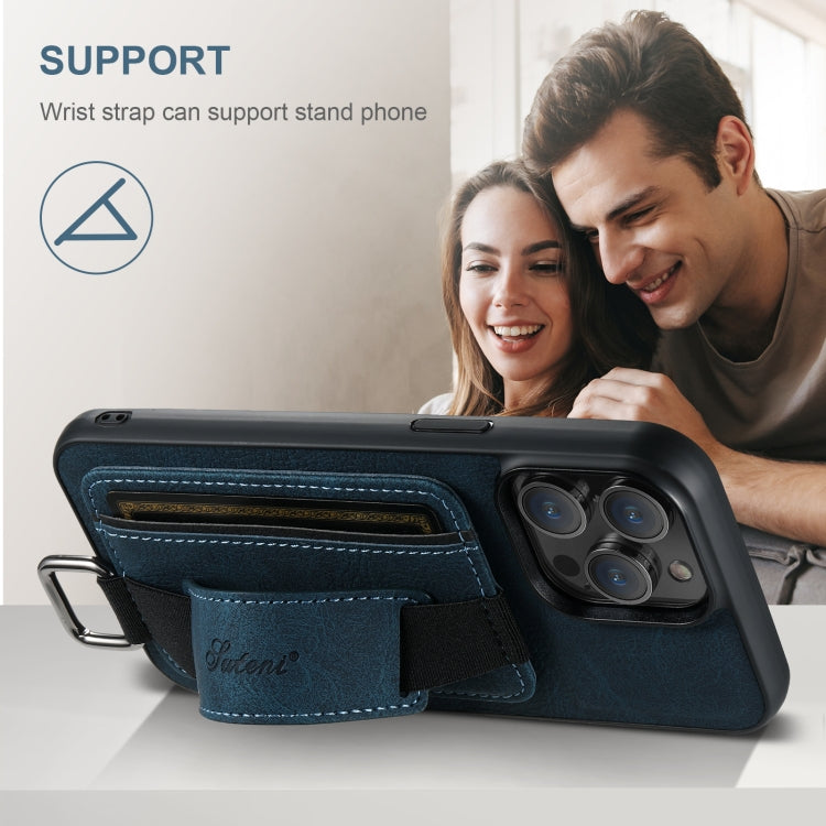 For iPhone 16 Plus Suteni H13 Litchi Leather Wrist Strap Wallet Back Phone Case(Blue)