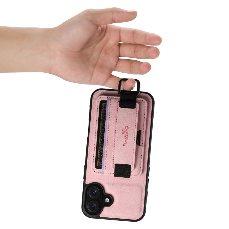 For iPhone 16 Plus Suteni H13 Litchi Leather Wrist Strap Wallet Back Phone Case(Pink)