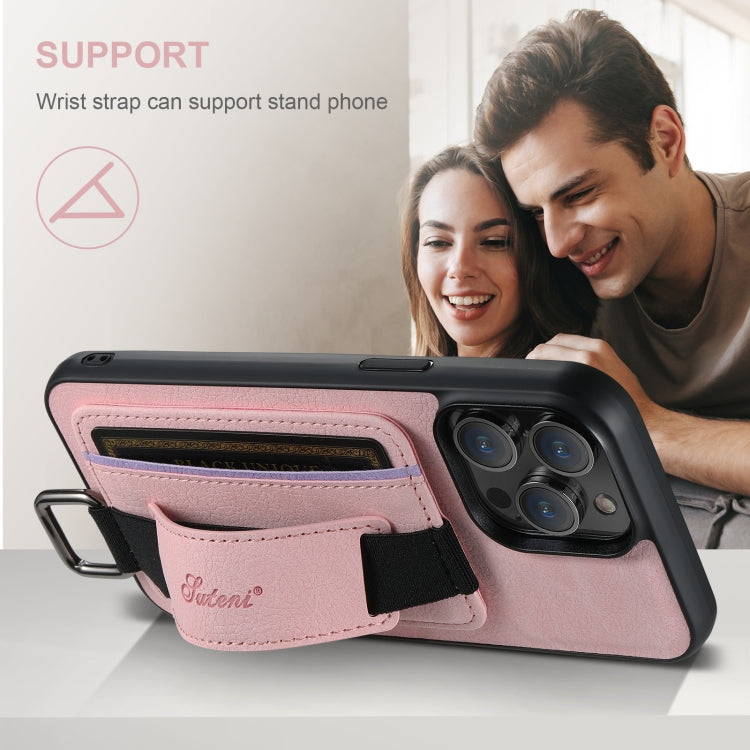 For iPhone 16 Plus Suteni H13 Litchi Leather Wrist Strap Wallet Back Phone Case(Pink)
