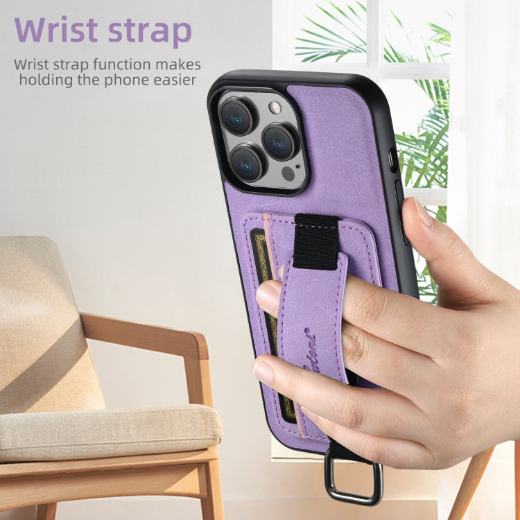 For iPhone 16 Pro Suteni H13 Litchi Leather Wrist Strap Wallet Back Phone Case(Purple)