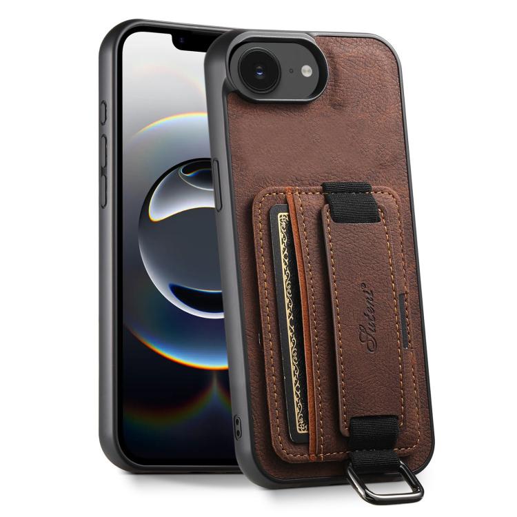 For iPhone 16e Suteni H13 Litchi Leather Wrist Strap Wallet Back Phone Case(Brown)
