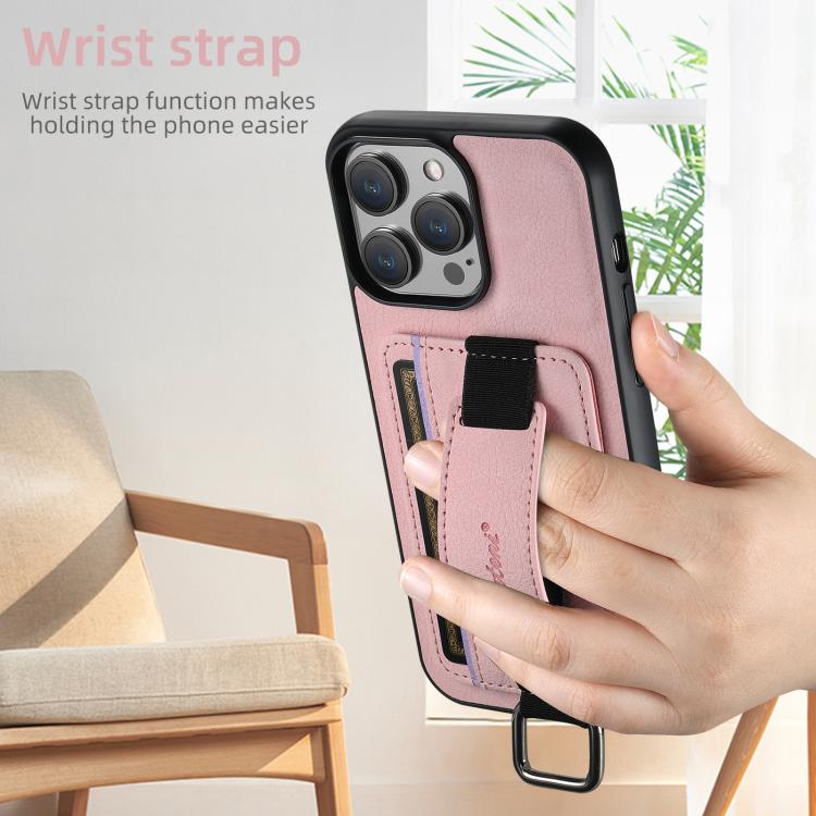 For iPhone 16e Suteni H13 Litchi Leather Wrist Strap Wallet Back Phone Case(Pink)