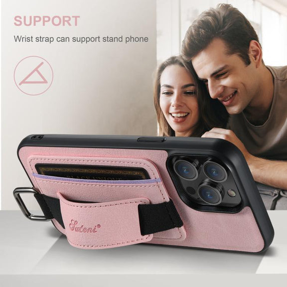 For iPhone 16e Suteni H13 Litchi Leather Wrist Strap Wallet Back Phone Case(Pink)
