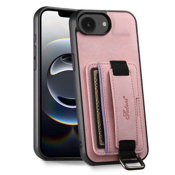 For iPhone 16e Suteni H13 Litchi Leather Wrist Strap Wallet Back Phone Case(Pink)