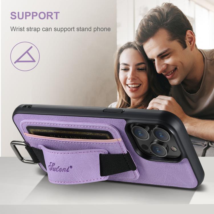 For iPhone 16e Suteni H13 Litchi Leather Wrist Strap Wallet Back Phone Case(Purple)