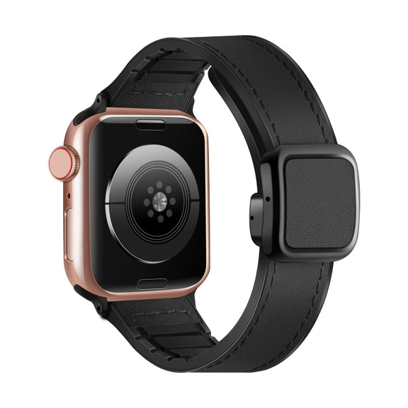 For Apple Watch SE 2023 44mm Fold Magnetic Square Buckle PU Silicone Watch Band(Black)