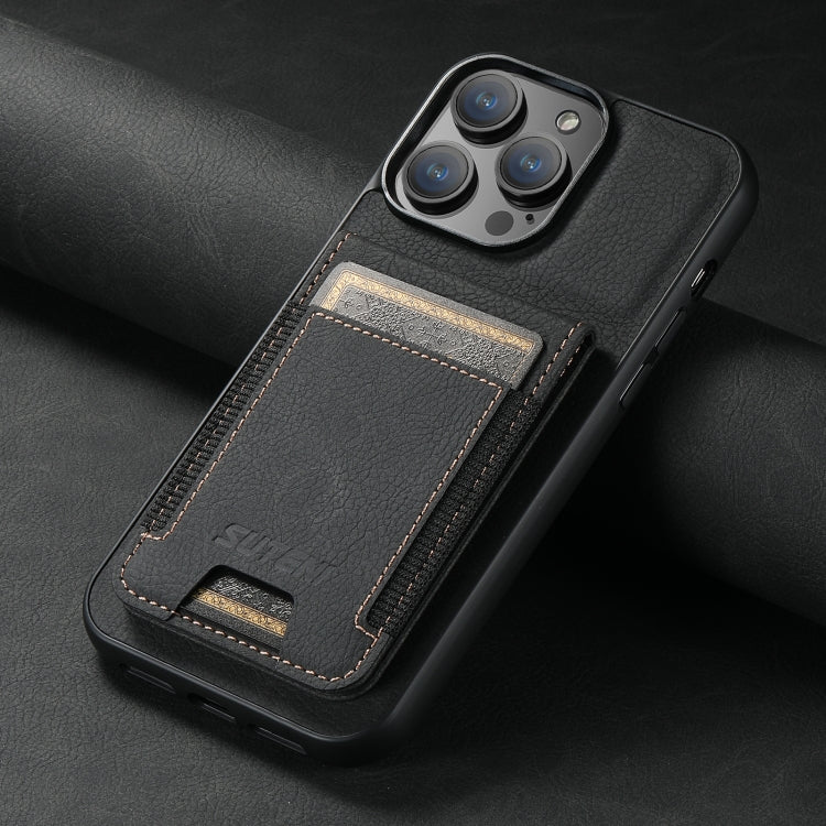 For iPhone 15 Pro Max Suteni H03 Litchi Leather Card Bag Stand Back Phone Case(Black)