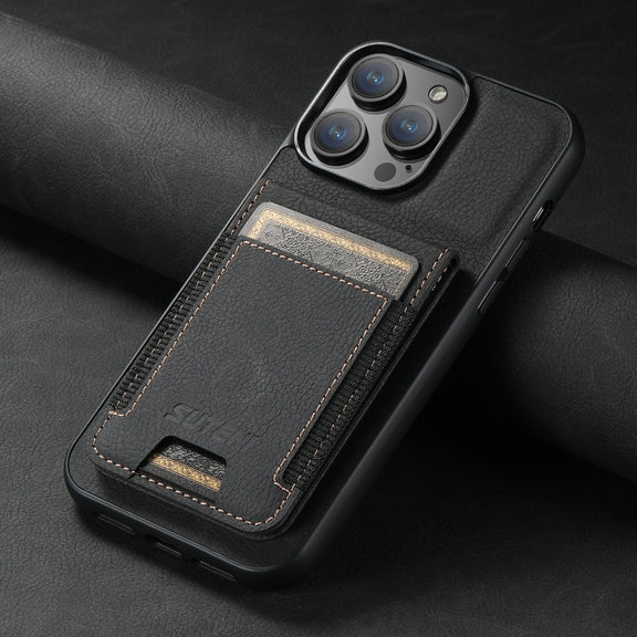 For iPhone 15 Pro Max Suteni H03 Litchi Leather Card Bag Stand Back Phone Case(Black)