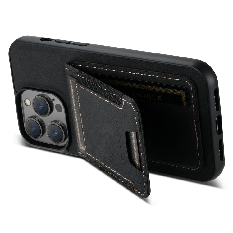 For iPhone 15 Pro Max Suteni H03 Litchi Leather Card Bag Stand Back Phone Case(Black)