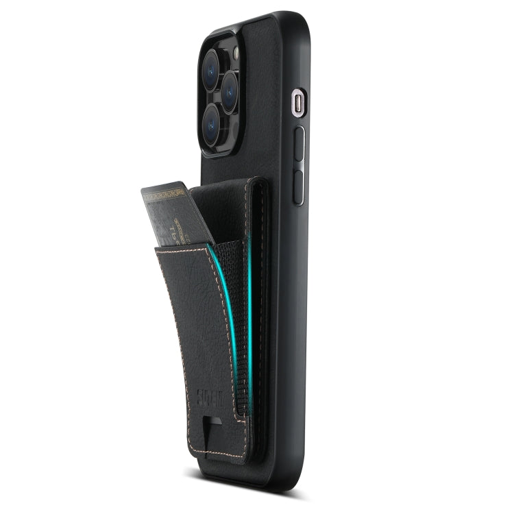 For iPhone 15 Pro Max Suteni H03 Litchi Leather Card Bag Stand Back Phone Case(Black)