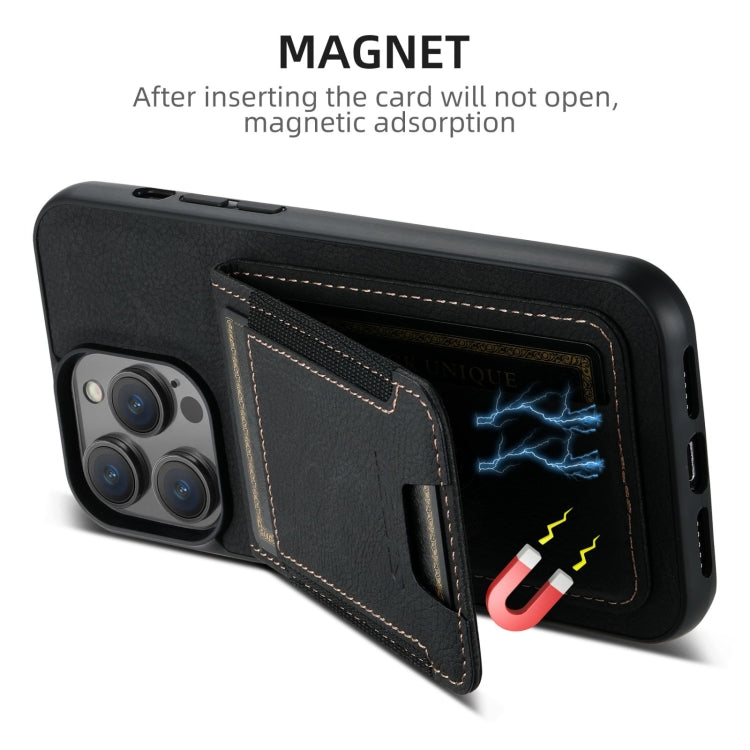 For iPhone 16 Suteni H03 Litchi Leather Card Bag Stand Back Phone Case(Black)