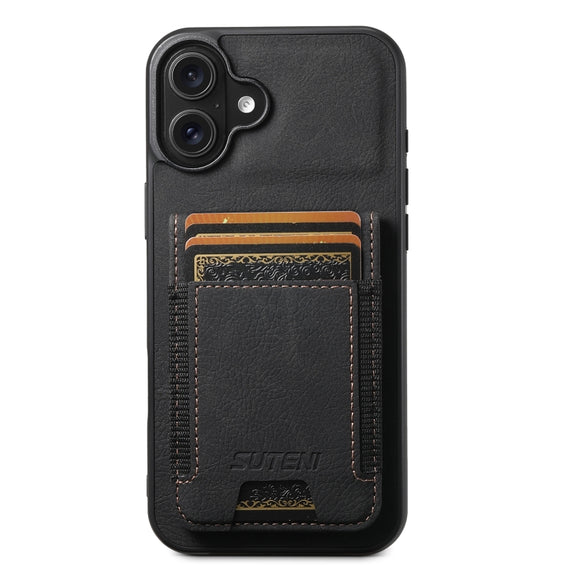For iPhone 16 Suteni H03 Litchi Leather Card Bag Stand Back Phone Case(Black)