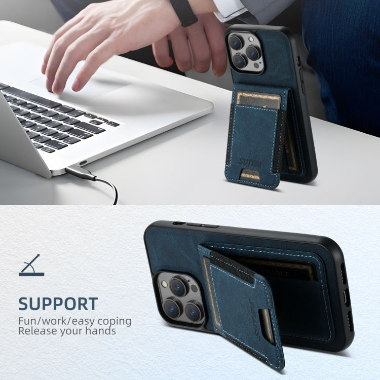 For iPhone 16 Suteni H03 Litchi Leather Card Bag Stand Back Phone Case(Blue)