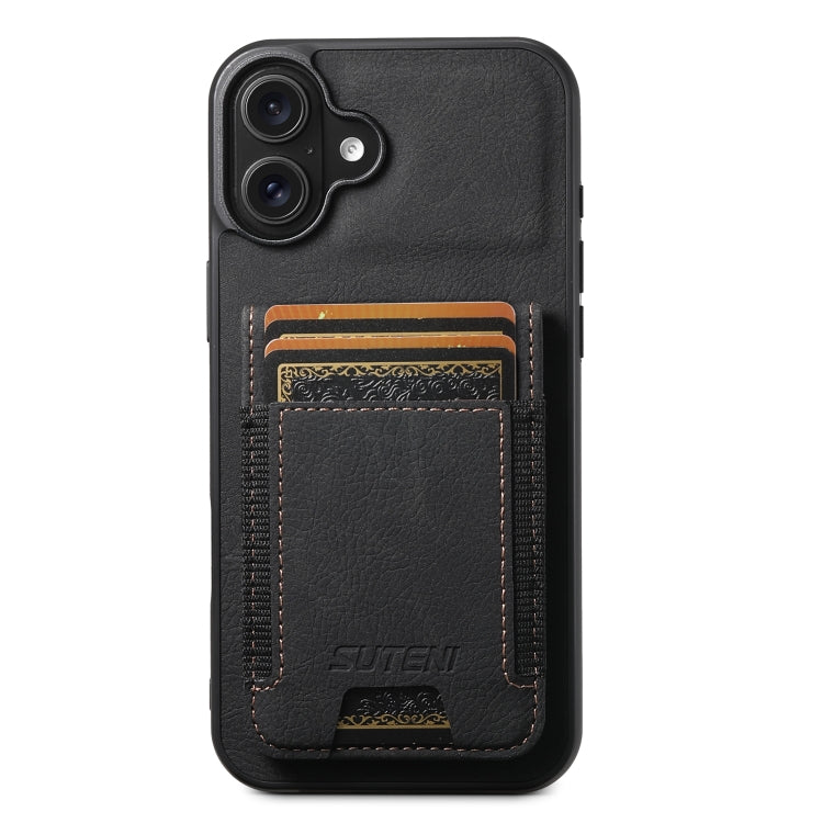 For iPhone 16 Plus Suteni H03 Litchi Leather Card Bag Stand Back Phone Case(Black)